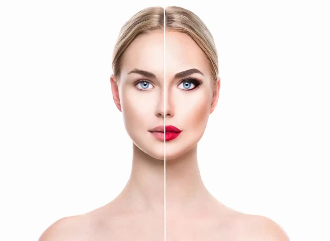 Frauengesicht, halb ungeschminkt und halb mit Make-up: Titelbild der Referenz Caka Cosmetics aus Mannheim