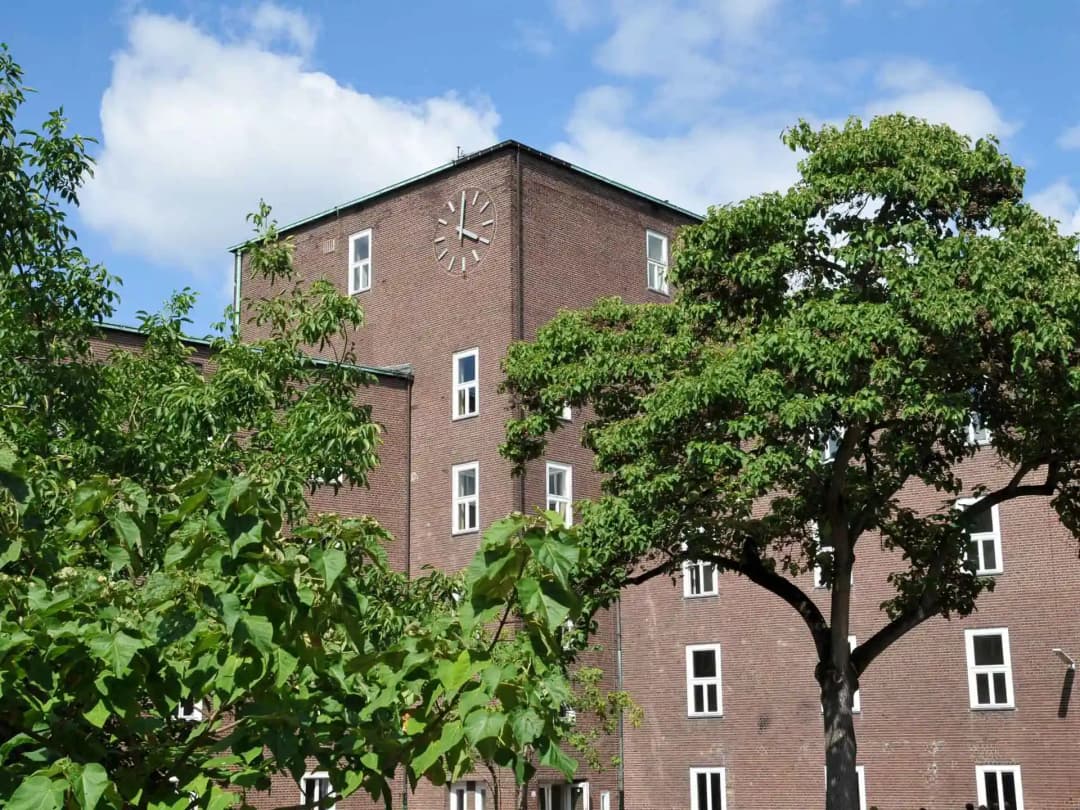 Backsteinbau mit Turmuhr hinter Bäumen: Titelbild der Referenz Helene-Lange-Schule und Fröbel-Seminar Mannheim